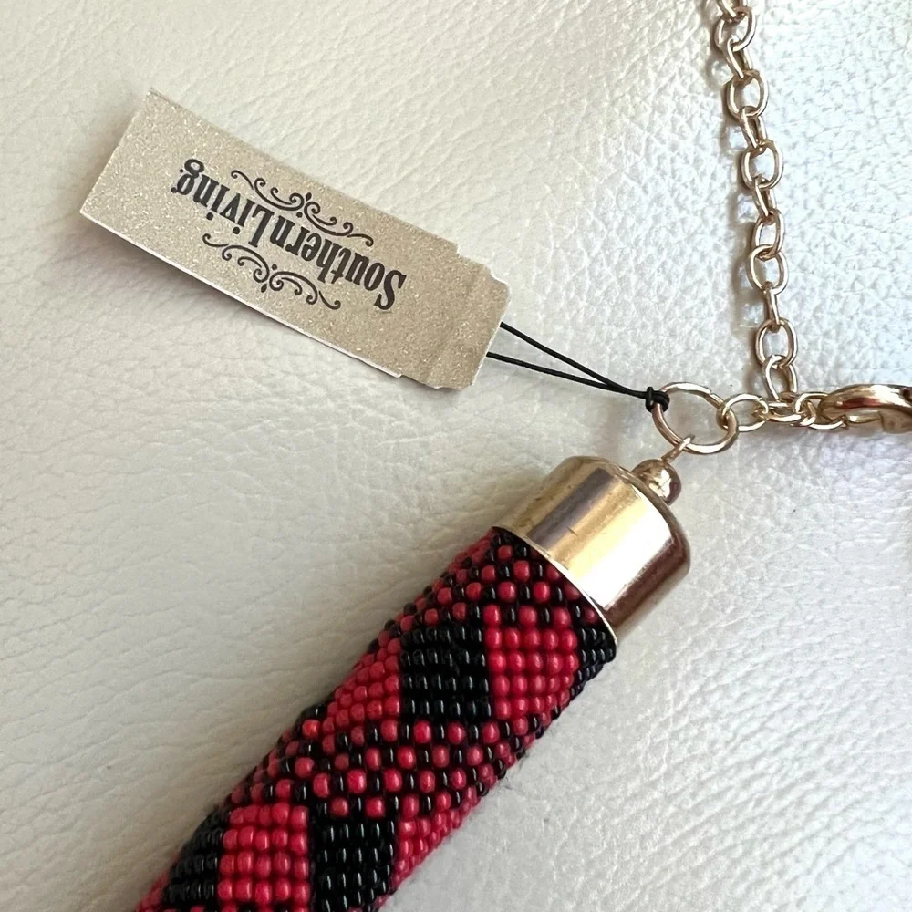 Southern Living Red & Black Beaded Plaid Collar Necklace NWT